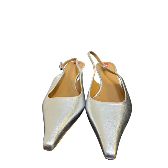 Metallic Silver Leather Pointed Toe Slingback Kitten Heel Shoes - Picture 3 of 9